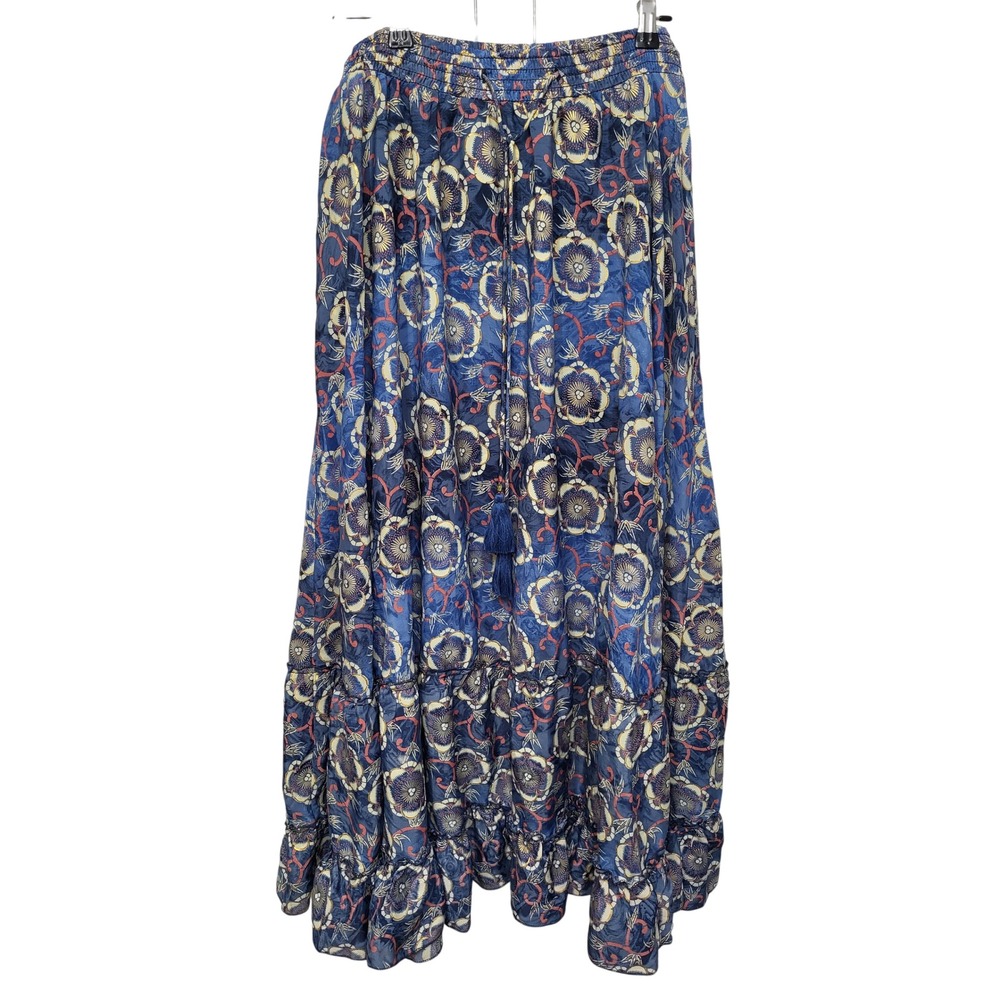 Chelsea & Theodore Blue Floral‎ Gold Metallic Tiered Maxi Skirt XL Tassel Boho